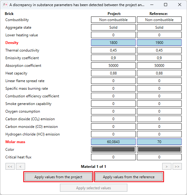 Inconsistency of material parameters in the project with material parameters in the application directory