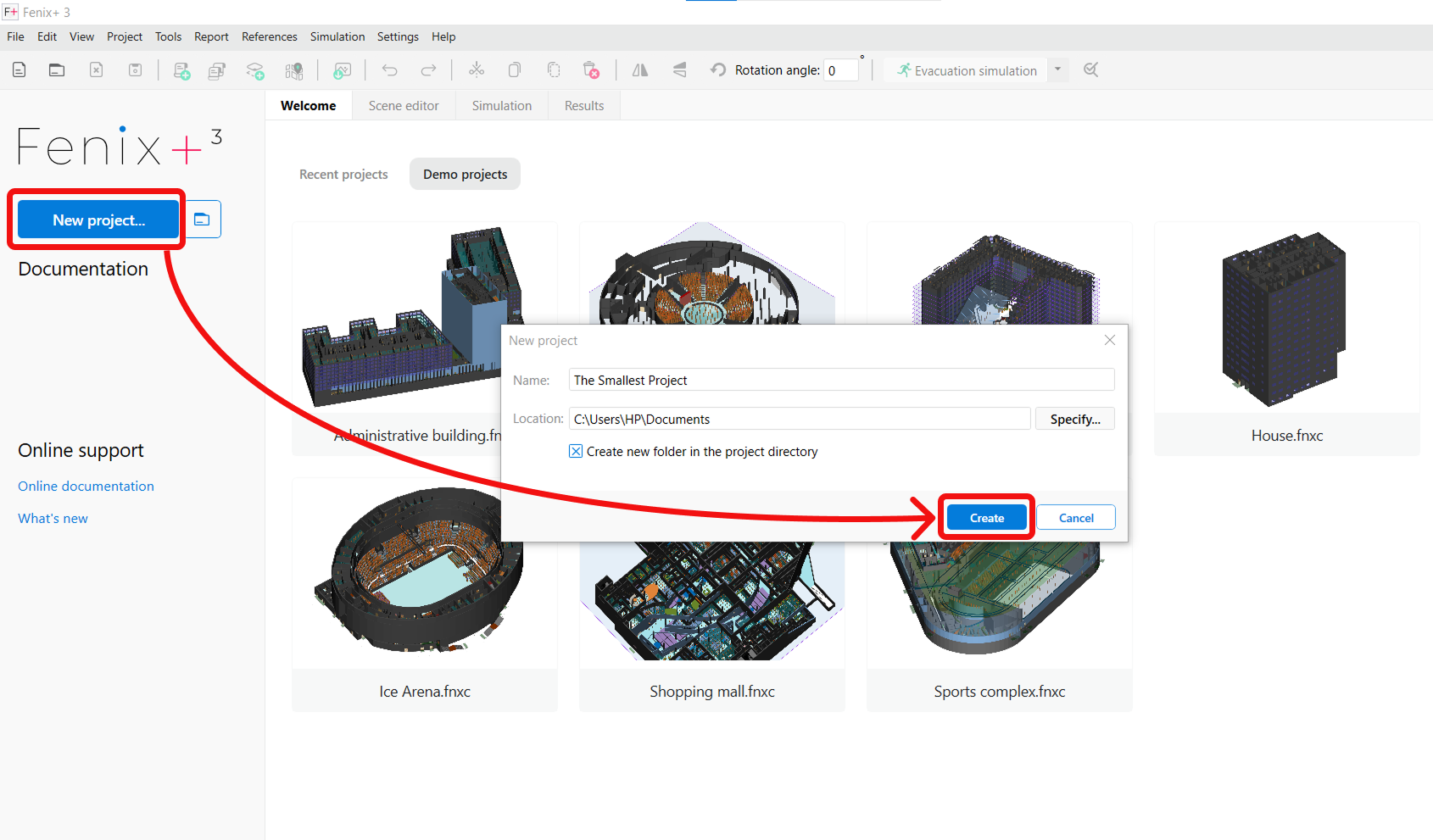 Buttons to create a new project